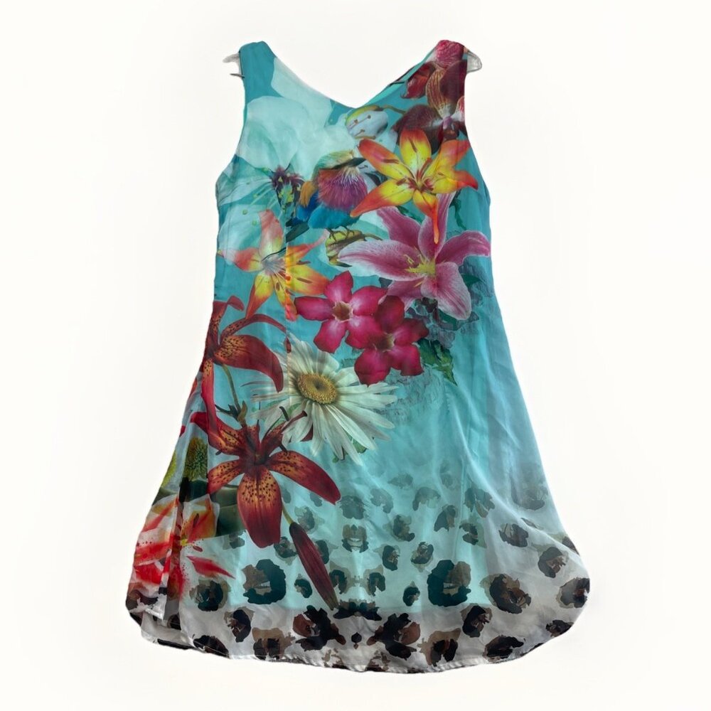 Y2K Smash! Blue Sheer Dress Sleeveless Floral Birds Artsy Boho Festival Sz L